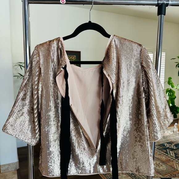 J. Crew Shimmering Gold Sequin Boxy Blouse Top w Black Ribbon Bow Ties Size 10 - Picture 10 of 11